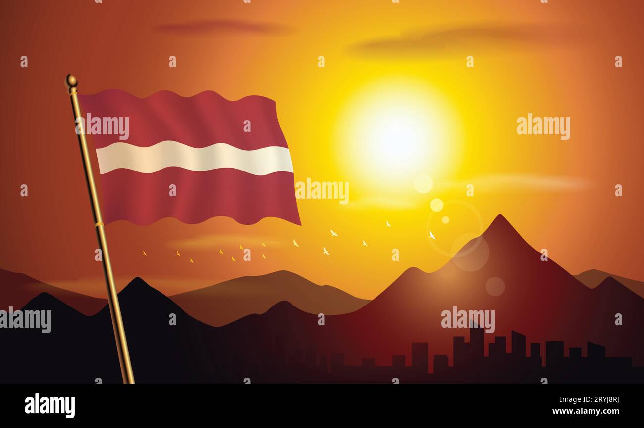 Bandiera della Lettonia con sfondo al tramonto di montagne e laghi Illustrazione Vettoriale
