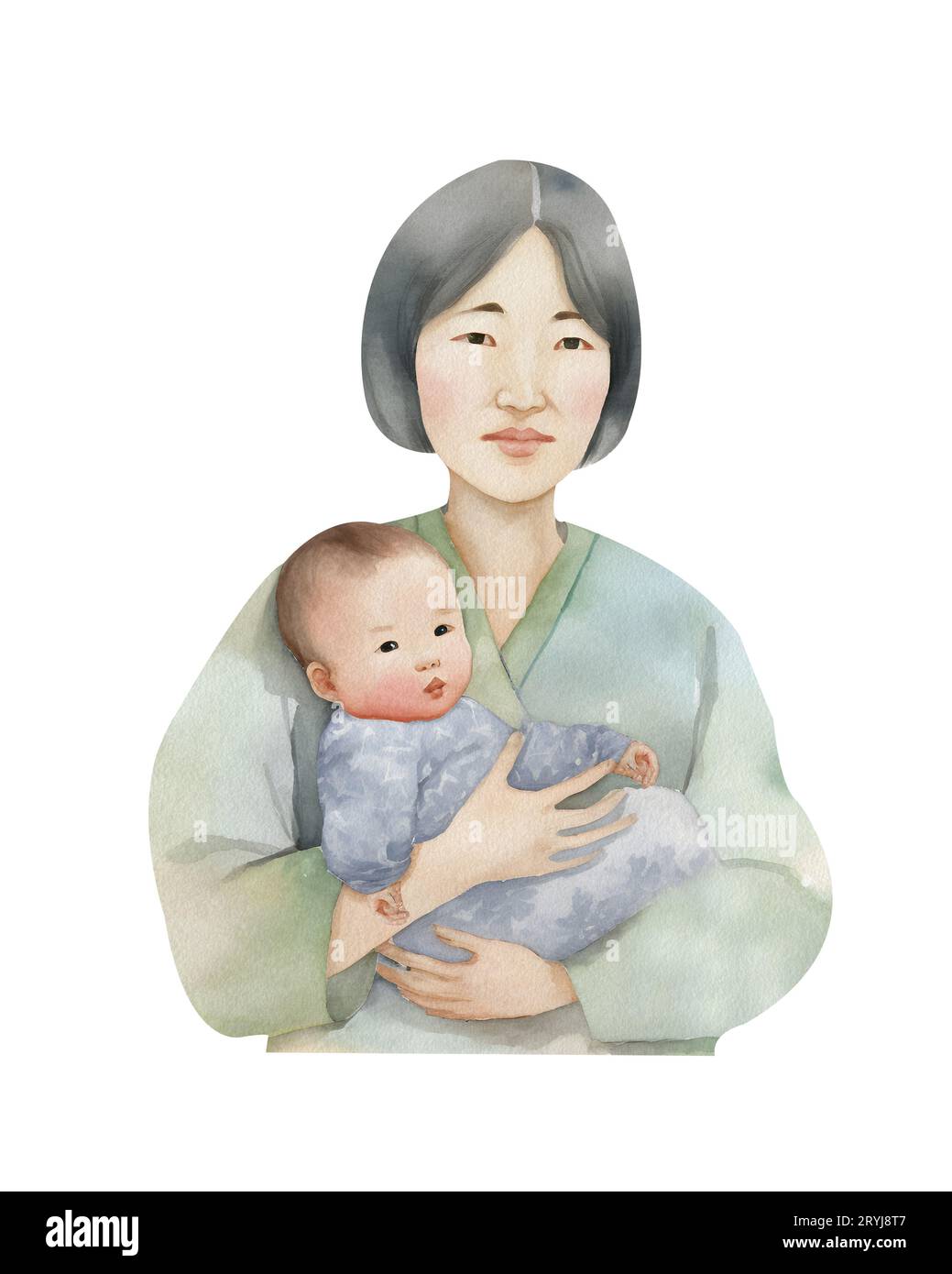 Illustrazione ad acquerello di una madre che tiene in braccio un bambino. Neonato. Mamma con un bambino isolato su uno sfondo trasparente. Madri Foto Stock