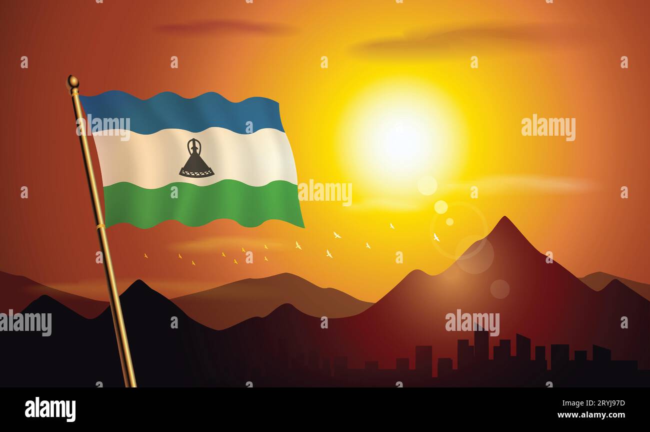 Bandiera del Lesotho con sfondo al tramonto di montagne e laghi Illustrazione Vettoriale