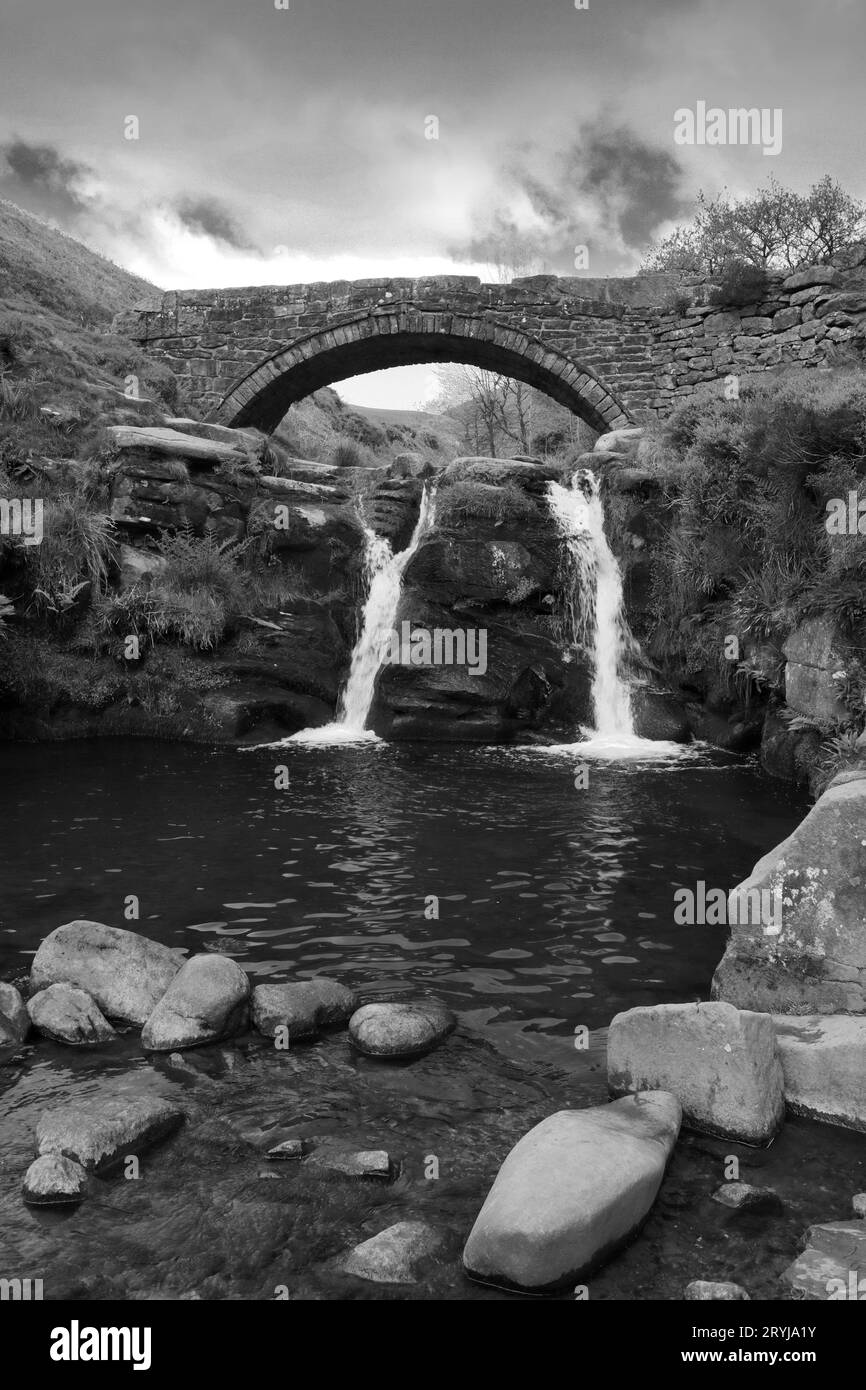 Il fiume Dane e le cascate di Three Shires Head, il punto d'incontro delle contee di Cheshire, Derbyshire e Staffordshire, Inghilterra, Regno Unito Foto Stock