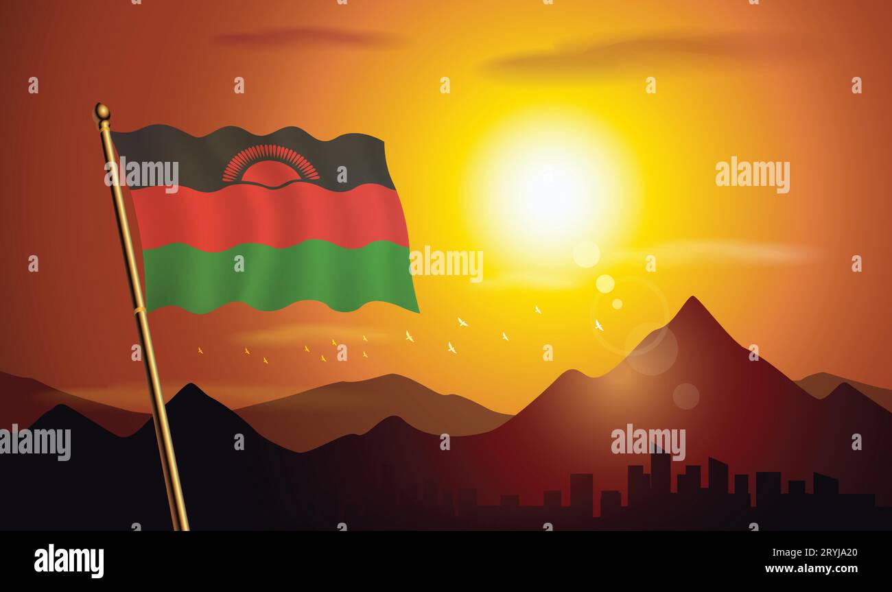 Bandiera del Malawi con sfondo al tramonto di montagne e laghi Illustrazione Vettoriale
