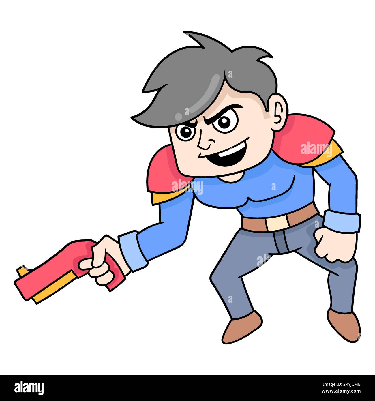 ragazzo con le forze speciali vestito portando pistola per la guerra, illustrazione vettoriale art. doodle icona immagine kawaii. Foto Stock