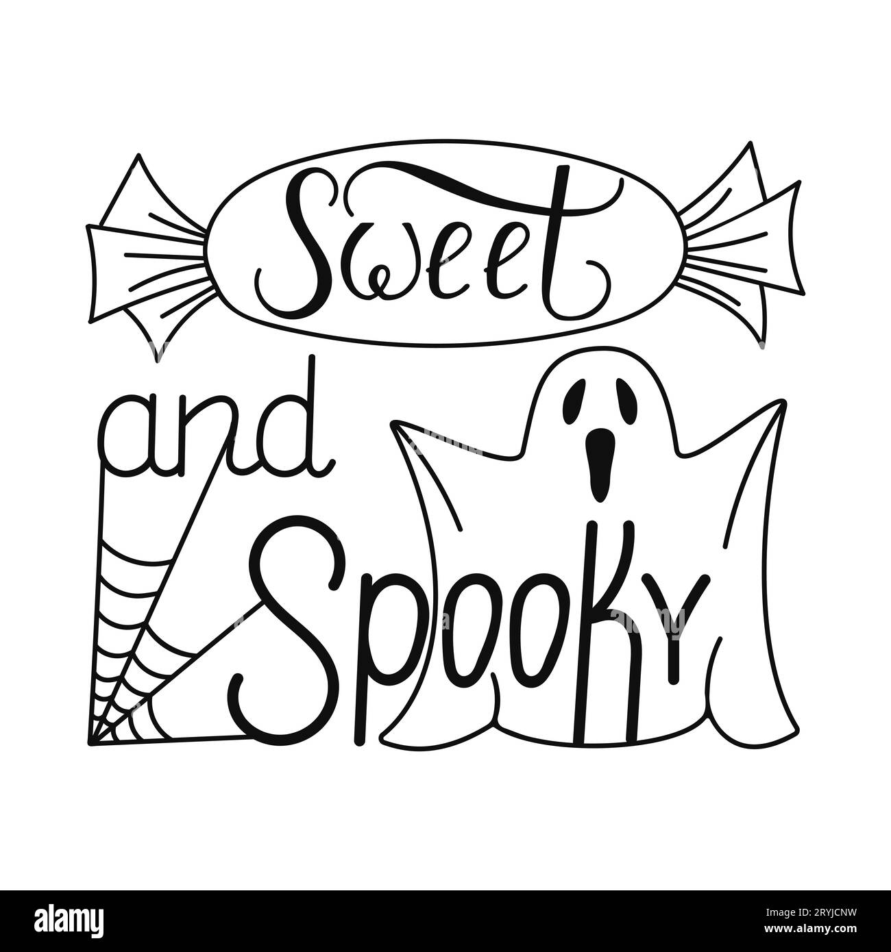 Lettere dolci e spaventose con fantasmi, caramelle e ragnatele. Illustrazione Vettoriale