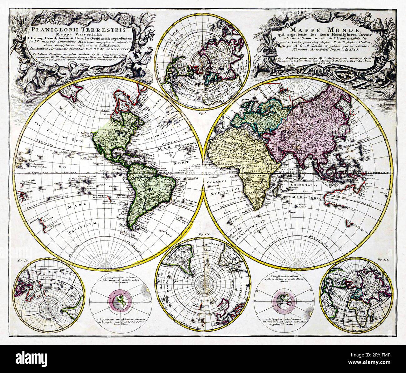 Planiglobii terrestris mappa vniversalis (1746) di George Moritz, Johann Matthias Hase e Homann Erben. Foto Stock