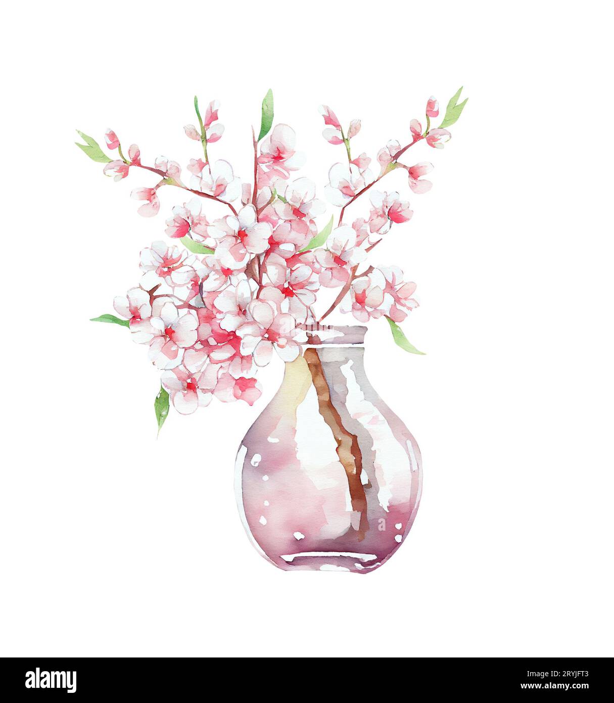 Primavera fioritura Twig in un vaso di vetro. Fiori di ciliegio rosa. illustrazione acquerello Foto Stock