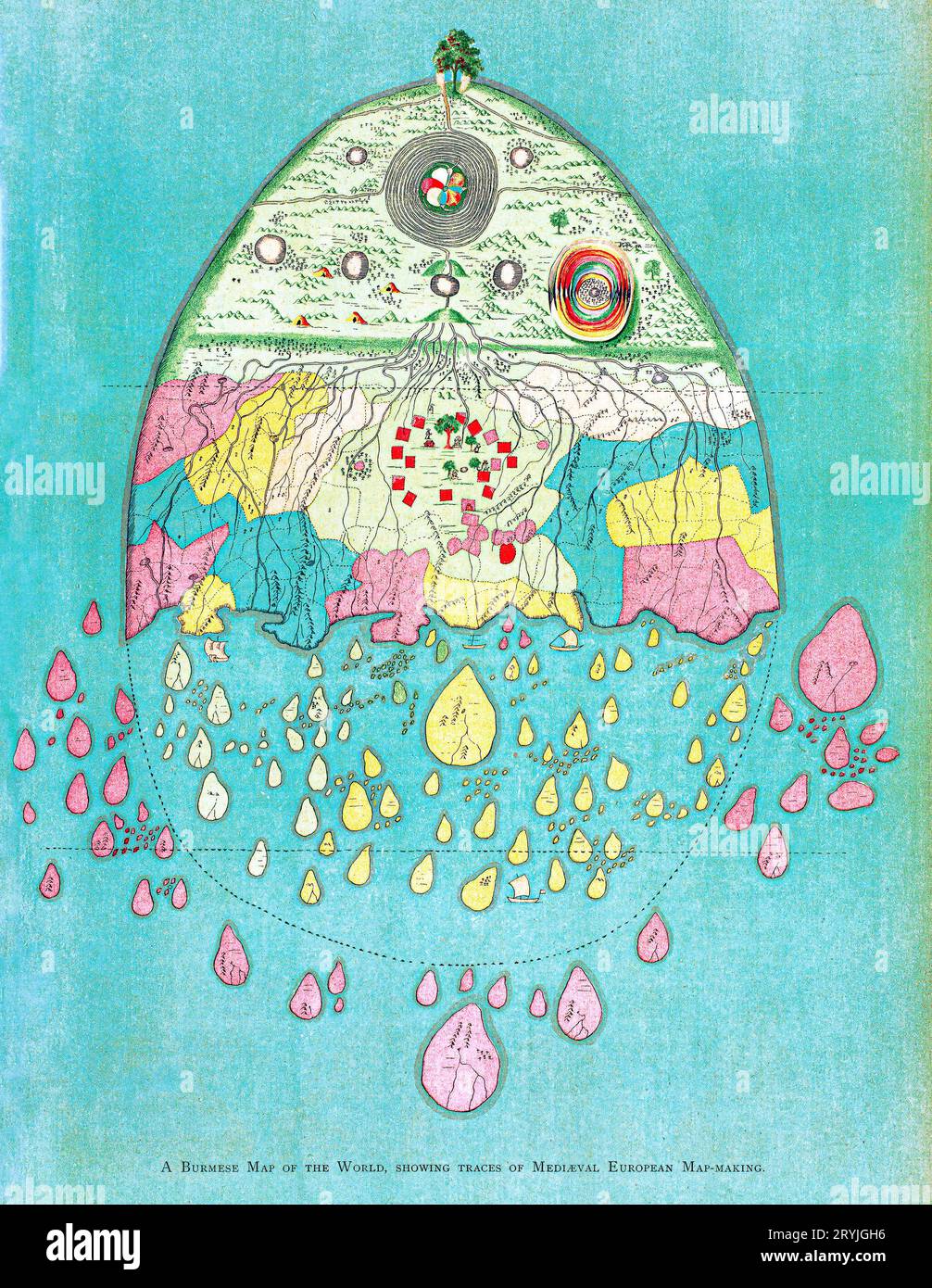 Una mappa birmana del mondo, che mostra tracce di cartografia medievale europea dei trentasette nats: Una fase di worshi spirituale Foto Stock