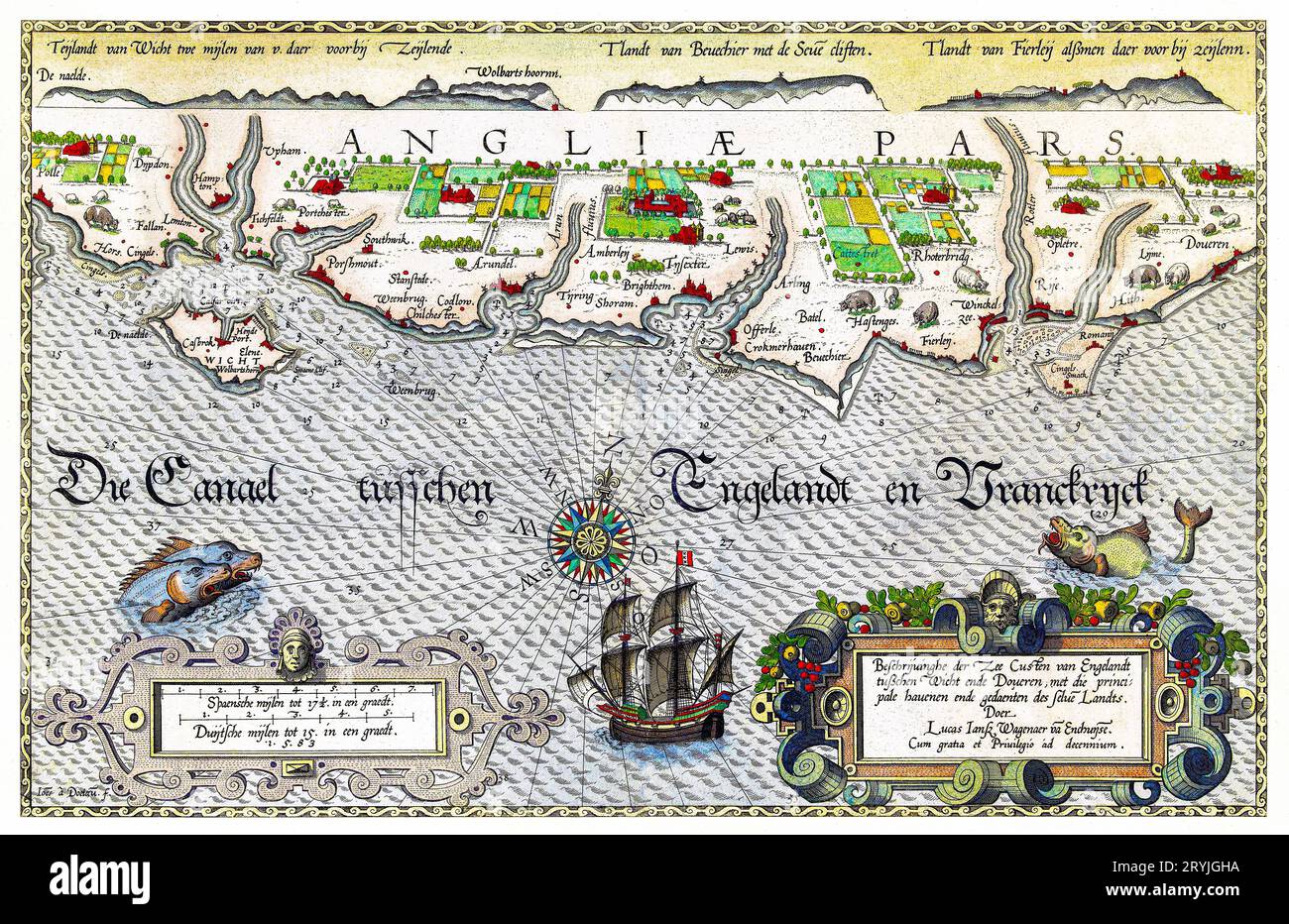 Kaart van de Zuidengelse kust tussen de Isle of Wight en dover (ca. 1580; 1583) di Joannes van Doetechum. Foto Stock