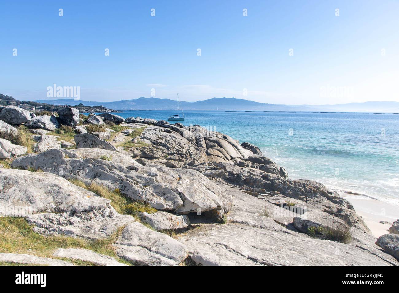 Paesaggio della spiaggia di Nerga a Cangas, Galizia, Spagna, Foto Stock