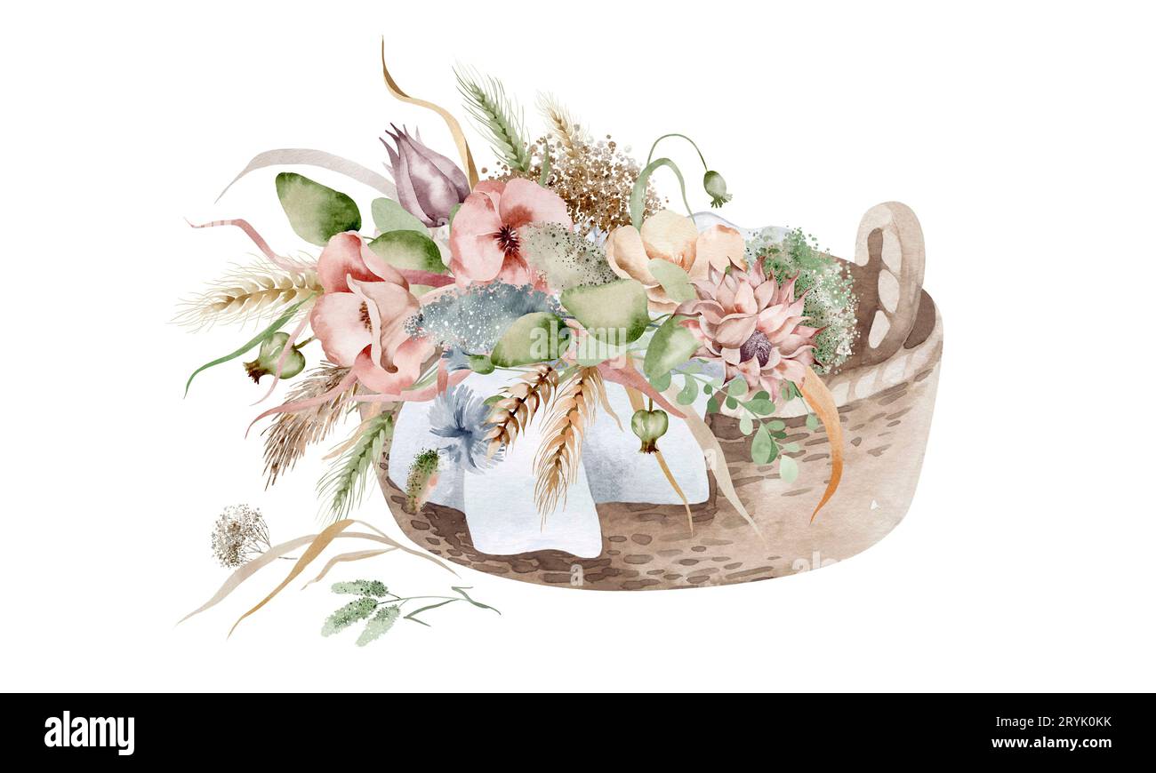 Illustrazione ad acquerello di fiori autunnali secchi che giacciono in un cesto di vimini, in caldi colori autunnali su sfondo bianco. Foto Stock