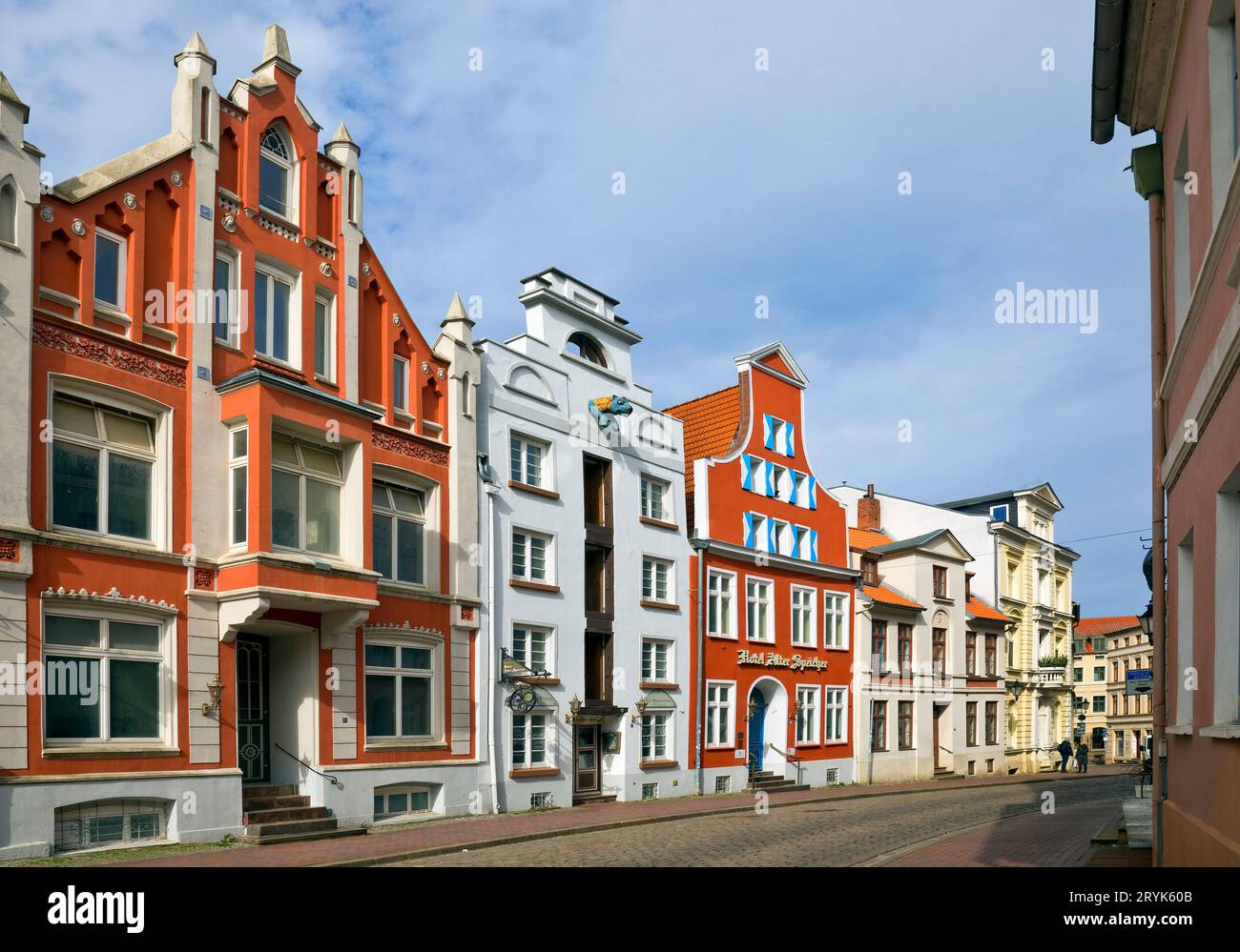 Facciate in legno, città anseatica di Wismar, Meclemburgo-Pomerania Occidentale, Germania, Europa Foto Stock