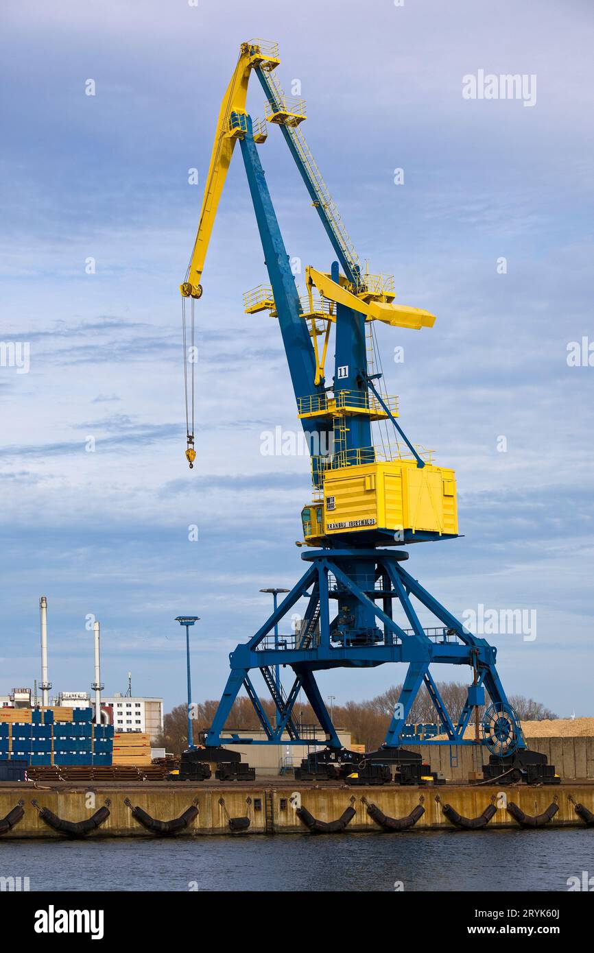 Gru presso il porto marittimo, città anseatica di Wismar, Meclemburgo-Pomerania occidentale, Germania, Europa Foto Stock