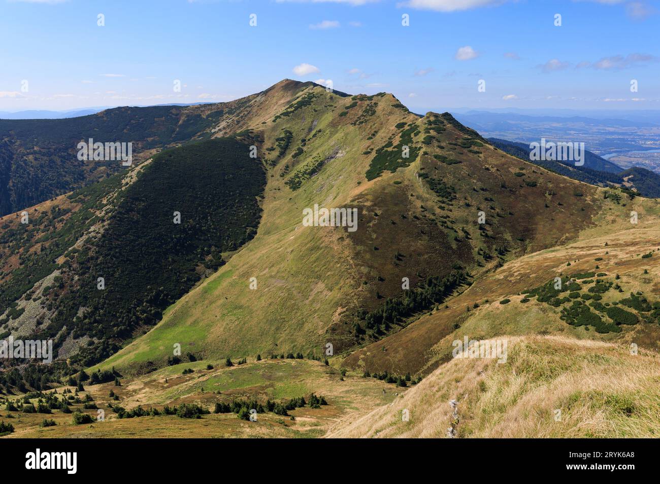 Maly Krivan, Mala Fatra, Slovacchia. Vista dal monte Pekelnik. Splendido paesaggio di montagna erboso in tarda estate. Clima soleggiato con cielo blu. Foto Stock