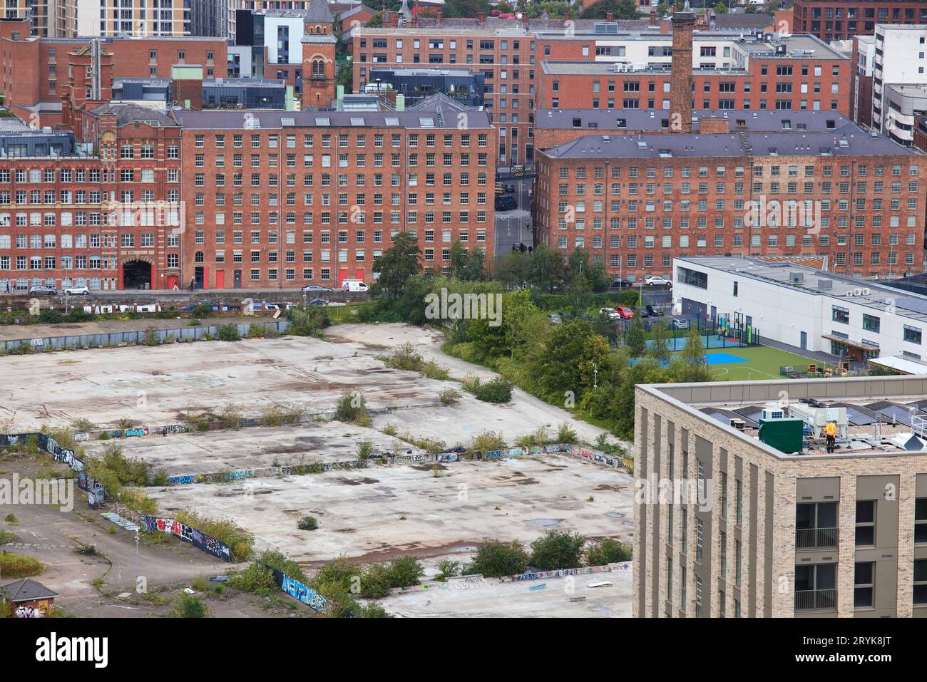 Vista dal tetto, affacciata sul centro di Manchester, ex parco commerciale Central Retail Park, in fase di sviluppo Foto Stock