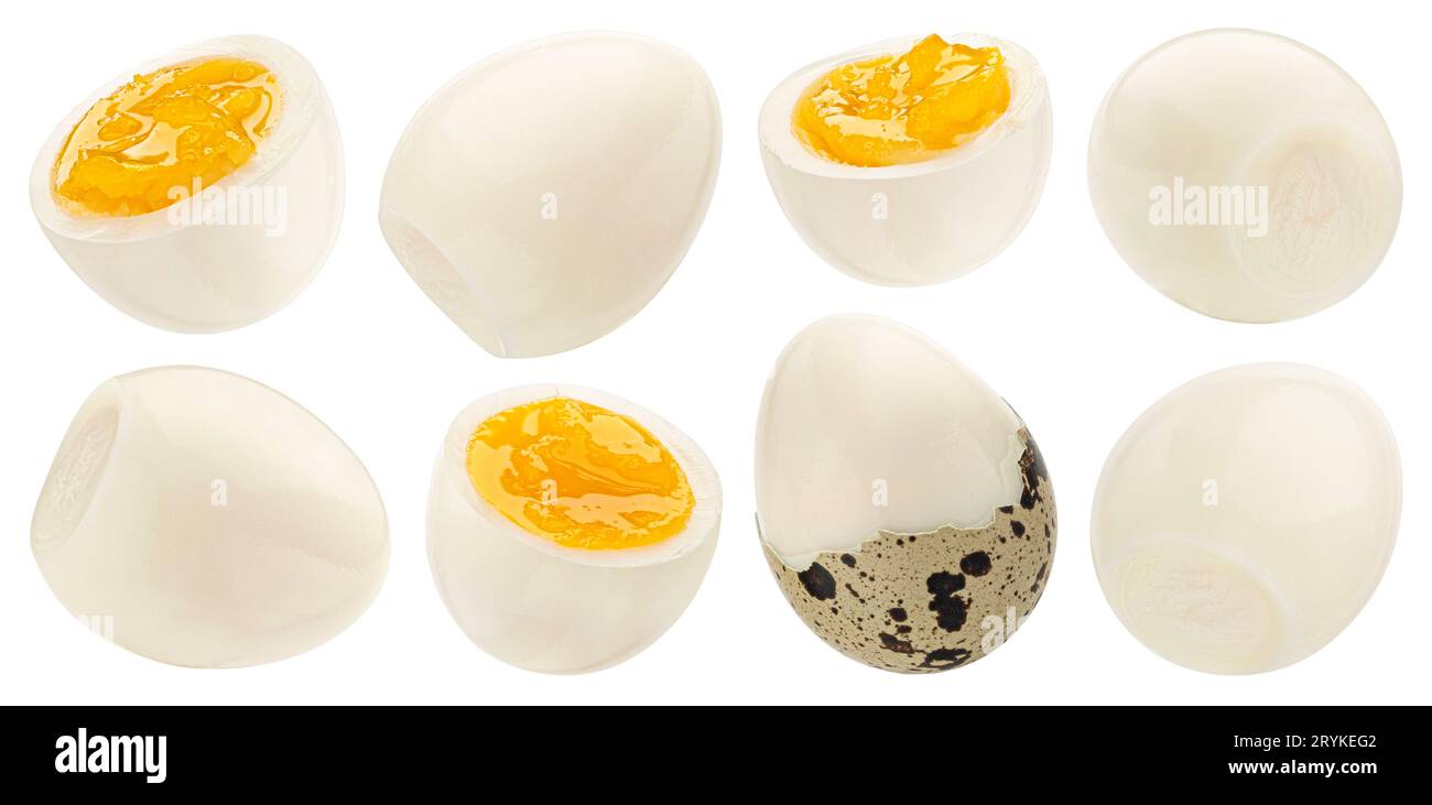Uova di quaglia isolate su sfondo bianco, raccolta Foto Stock