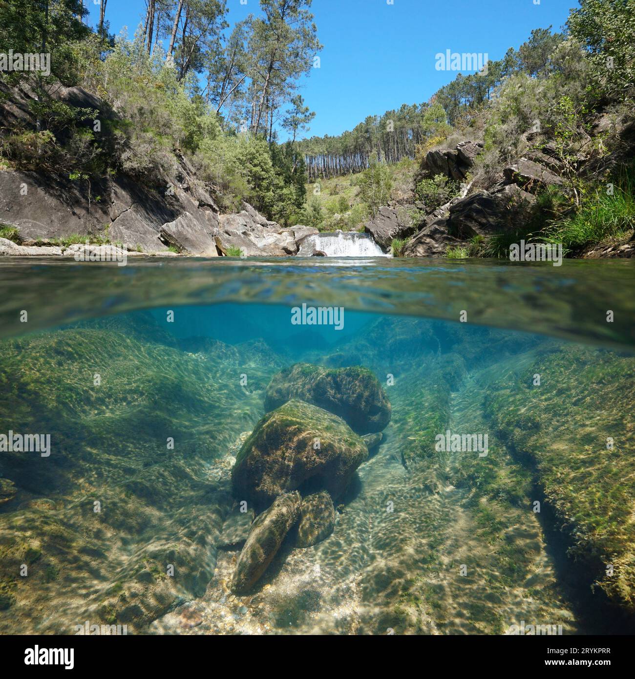 Fiume selvaggio con una cascata, scenario naturale, vista su due livelli sopra e sotto la superficie dell'acqua, Spagna, Galizia, provincia di Pontevedra Foto Stock