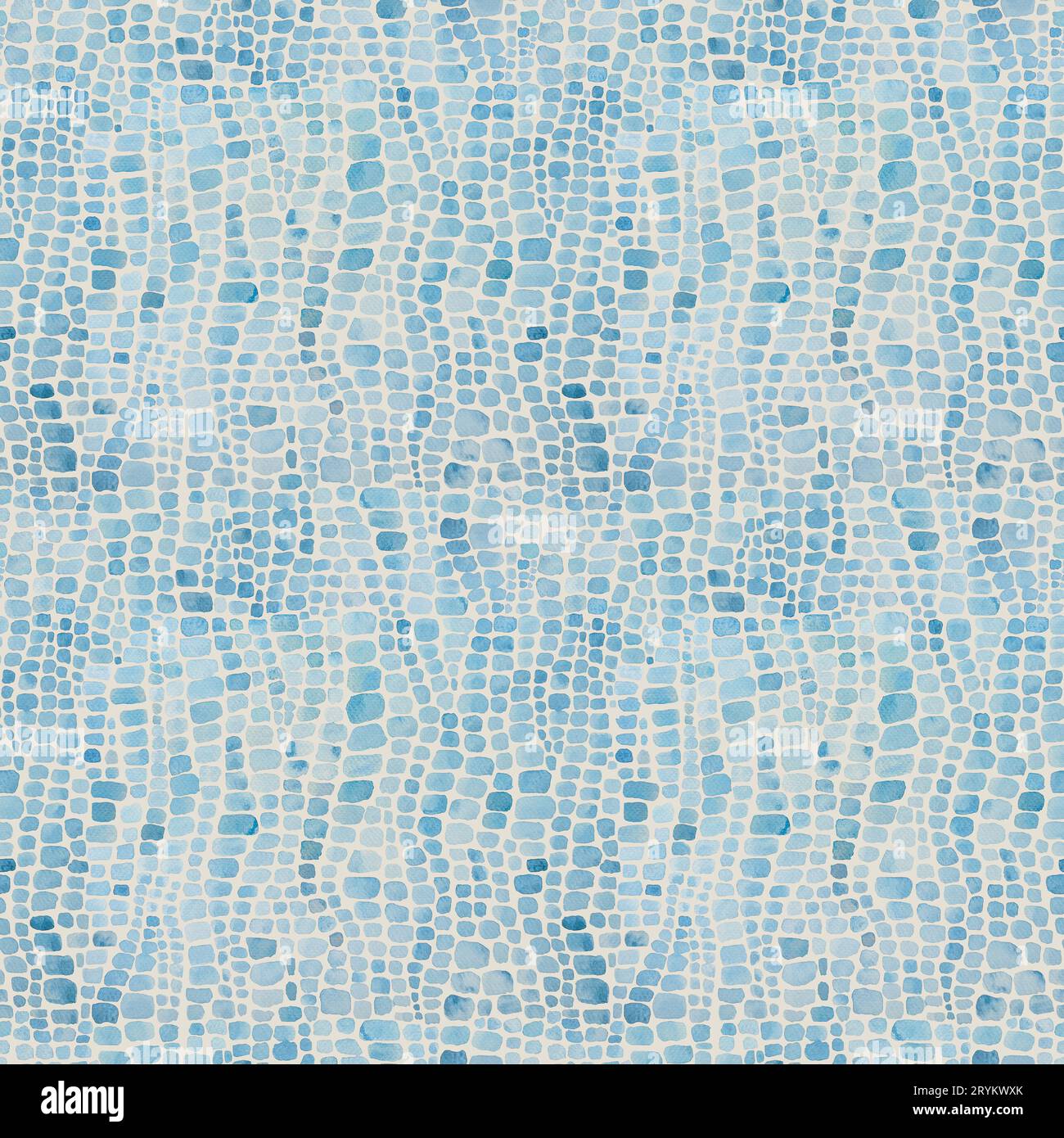 Rettile coccodrillo astratto scala blu e bianco acquerello sfondo senza cuciture. Acquerello stampa in scala di pelle di animali disegnata a mano. Trama geometrica. Foto Stock