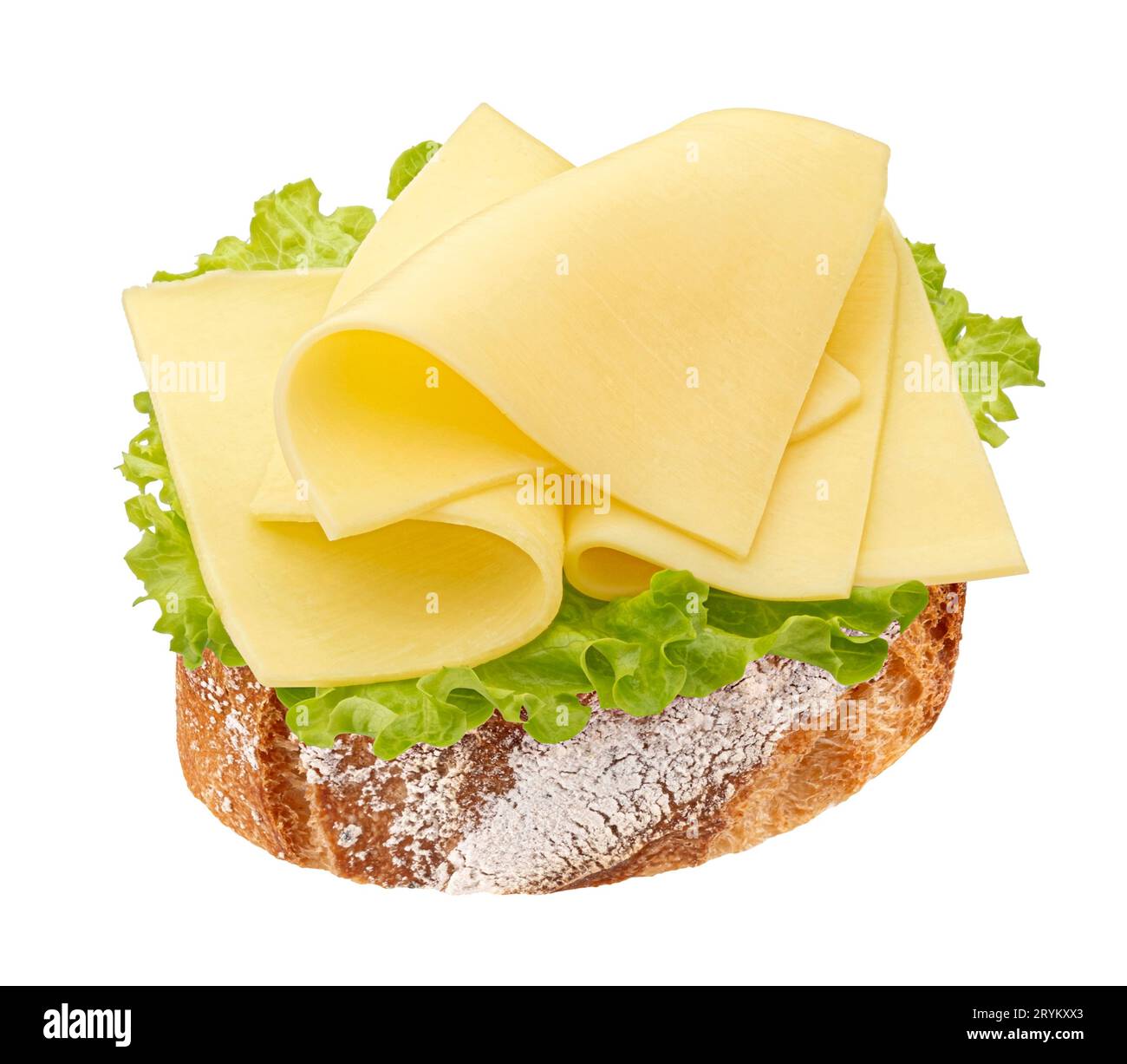Panino al formaggio, fette di gouda su pane isolato su sfondo bianco, vista dall'alto Foto Stock