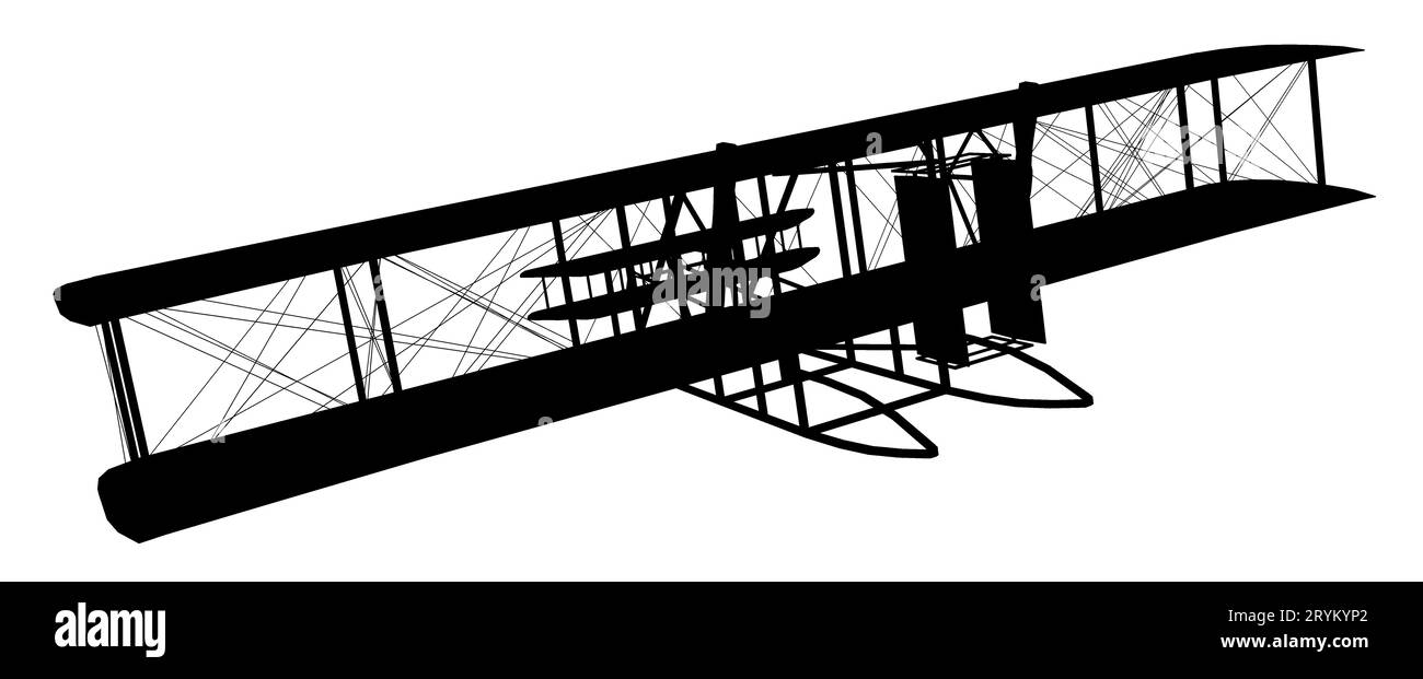 Silhouette con uno storico aereo biplanare del 1903 Foto Stock