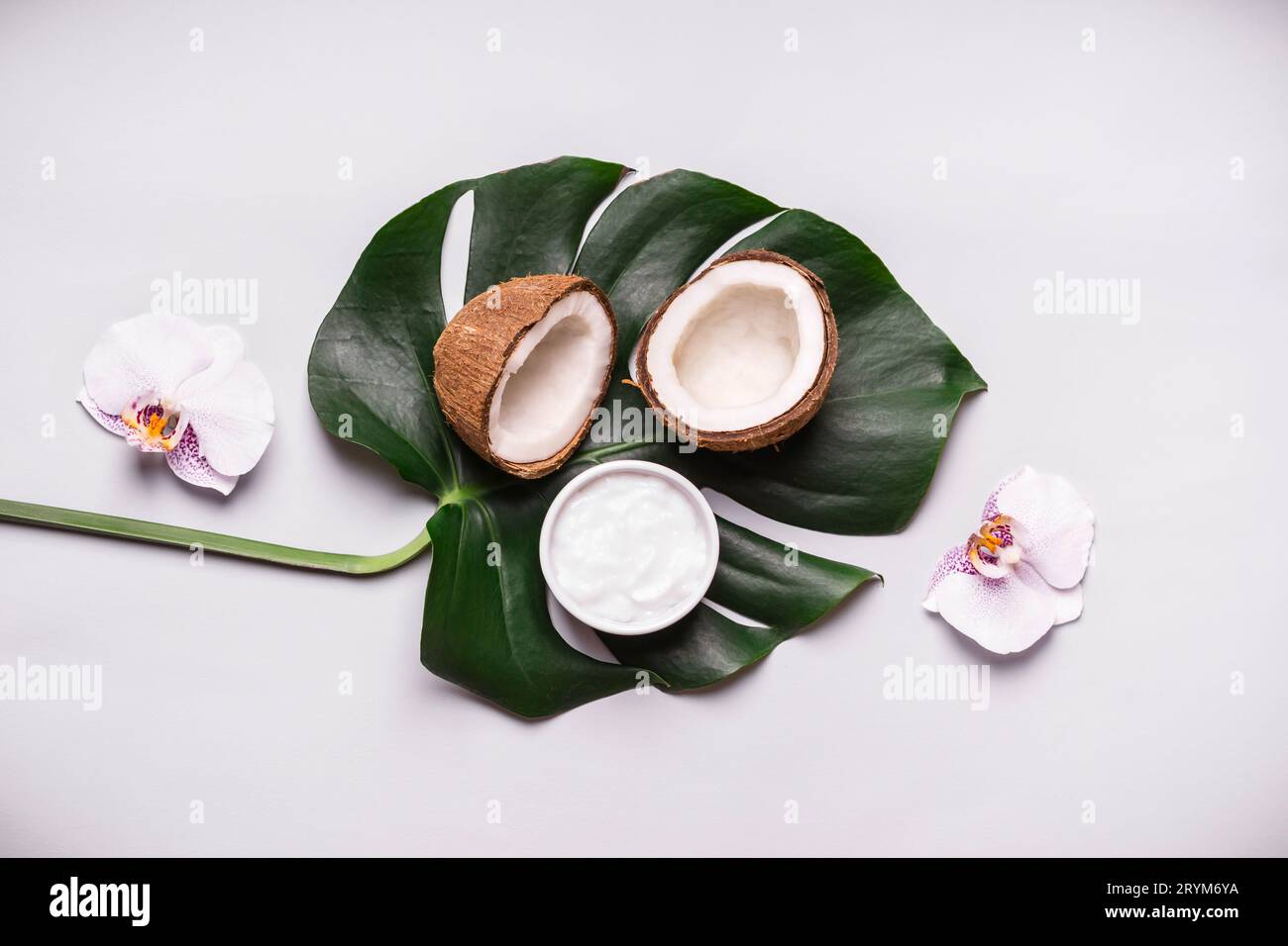 Olio di cocco o crema, foglie tropicali e fiori. Cosmetici fai da te naturali Foto Stock