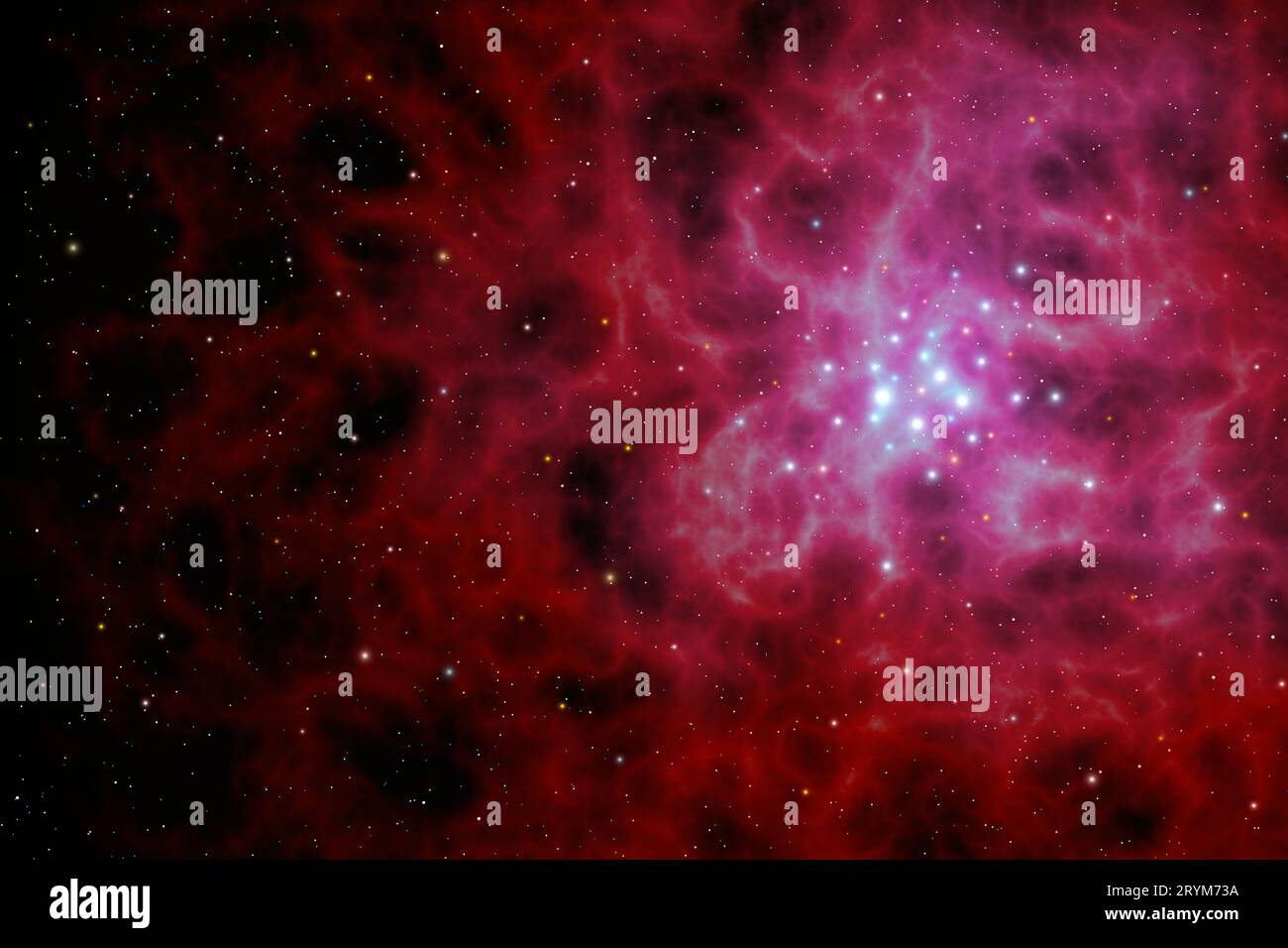 Vivaio stellare. Formazione stellare, un ammasso stellare emergente circondato dalla sua nube di progenitori molecolari in collasso nello spazio interstellare, illustrati 3D. Foto Stock