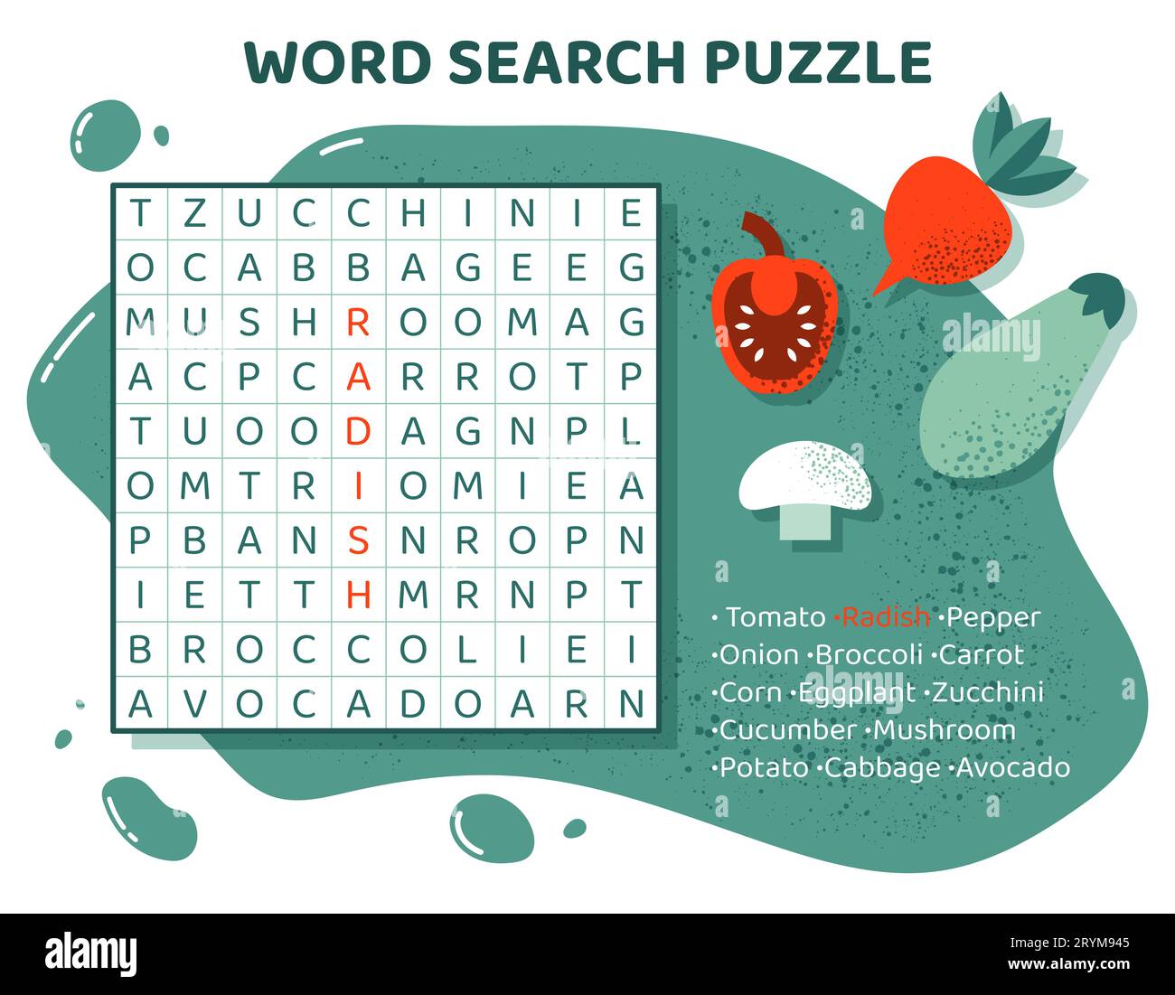 Puzzle di ricerca per parole con verdure. Attività didattica Illustrazione Vettoriale