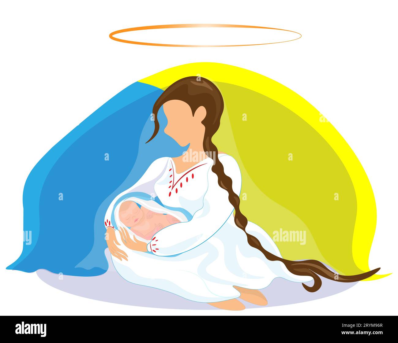 Illustrazione di madre Ucraina e neonato baby.A giovane madre tiene il suo bambino nelle sue braccia e protegge il suo sonno come un angelo. Preghiera per la pace per Foto Stock