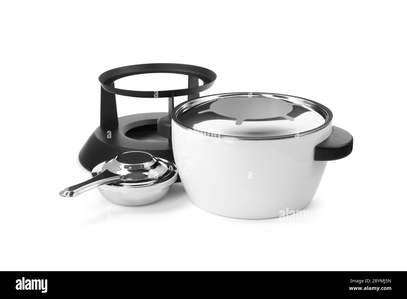 Set di fondue isolato su bianco. Attrezzature da cucina Foto Stock