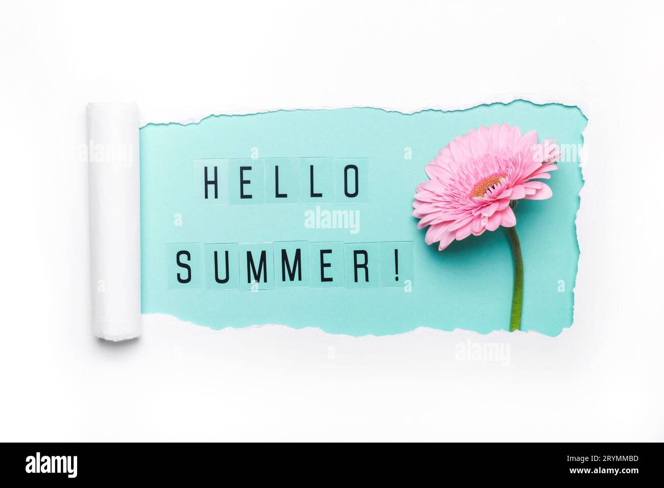 Hello Summer text e fiore rosa gerbera su sfondo menta. Foro per carta con bordi strappati. Ciao Summer Concept Foto Stock