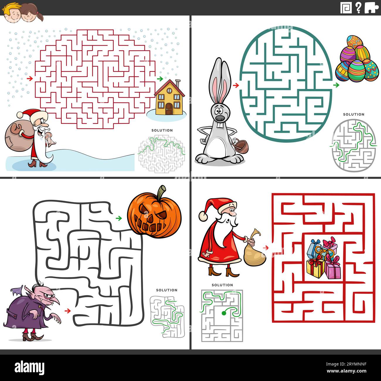 Cartoon illustrazione di giochi di puzzle labirinto set con personaggi comici delle feste Foto Stock