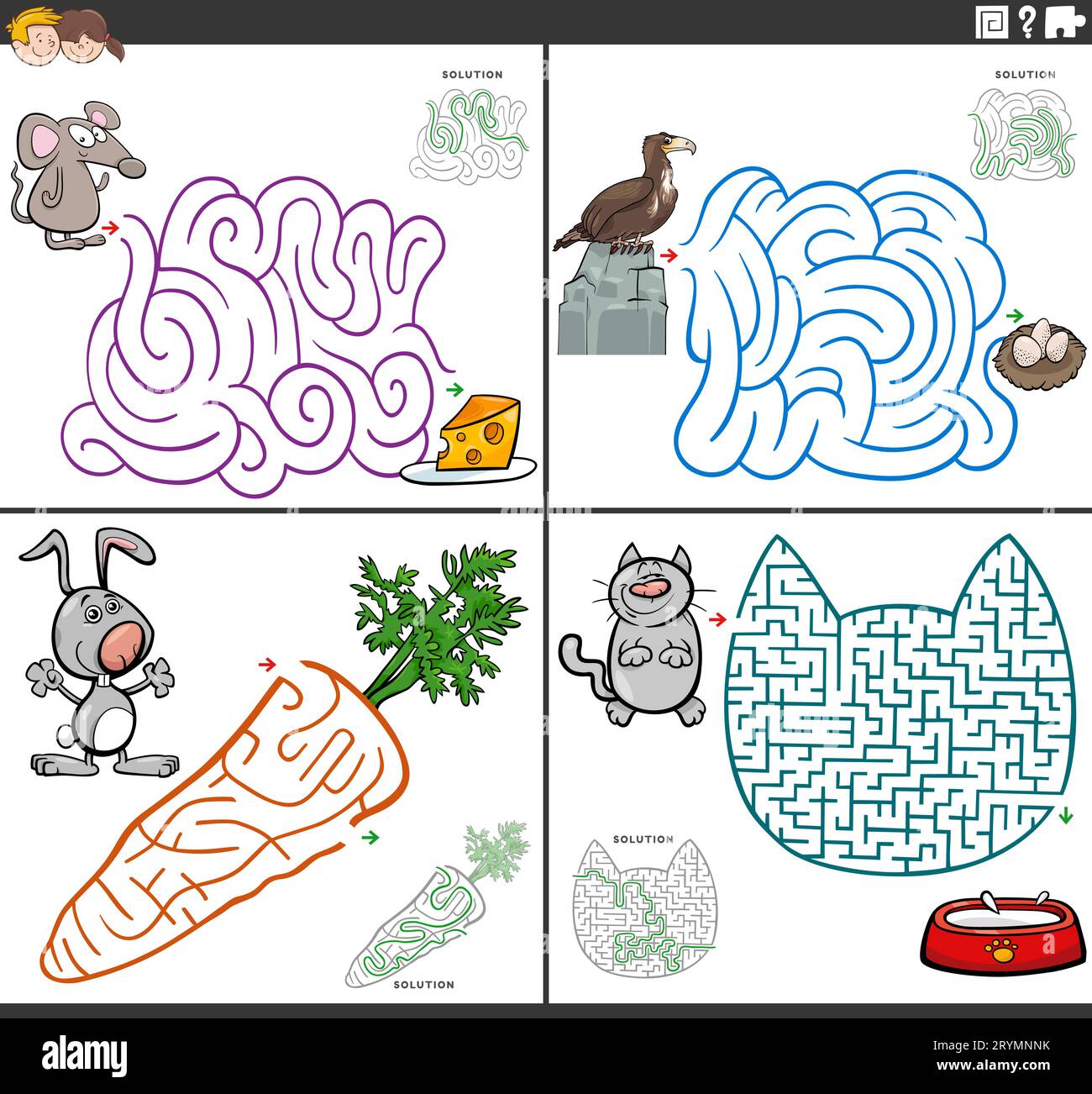 Illustrazione di fumetti di giochi di puzzle di labirinto educativo insieme con personaggi animali comici Foto Stock