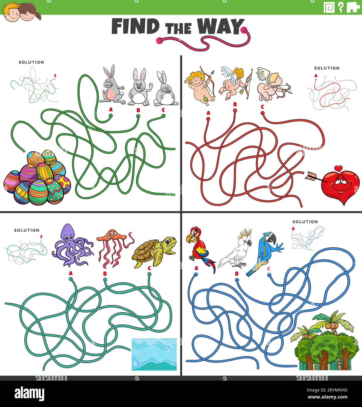 Illustrazione del cartone animato di trovare il modo in cui giochi puzzle labirinto set con personaggi comici divertenti Foto Stock