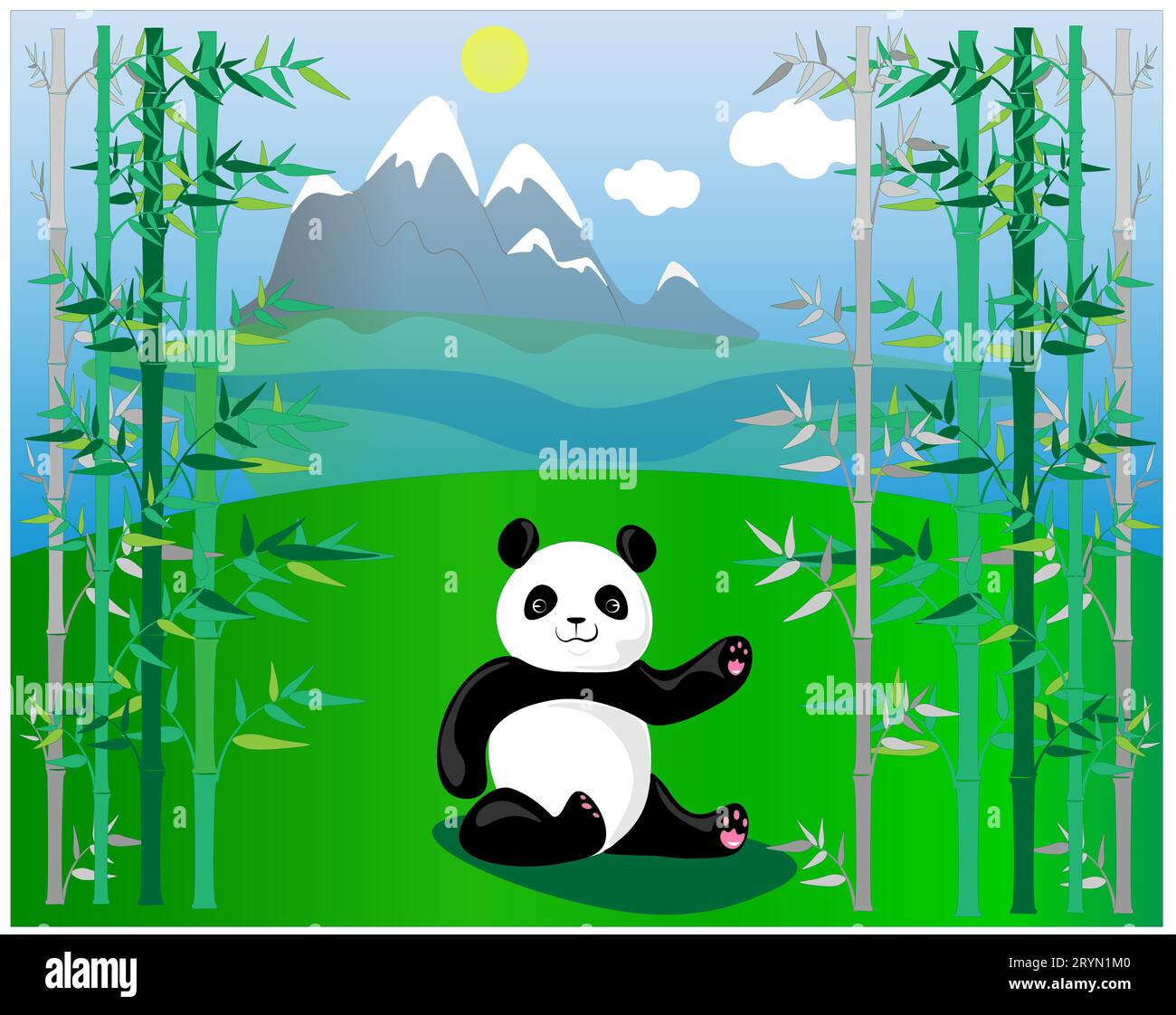 panda carino su uno sfondo di montagne tra bambù. La fauna selvatica è piena di bellezza, viaggiare in diverse parti del mondo apre nuovi orizzonti. Foto Stock
