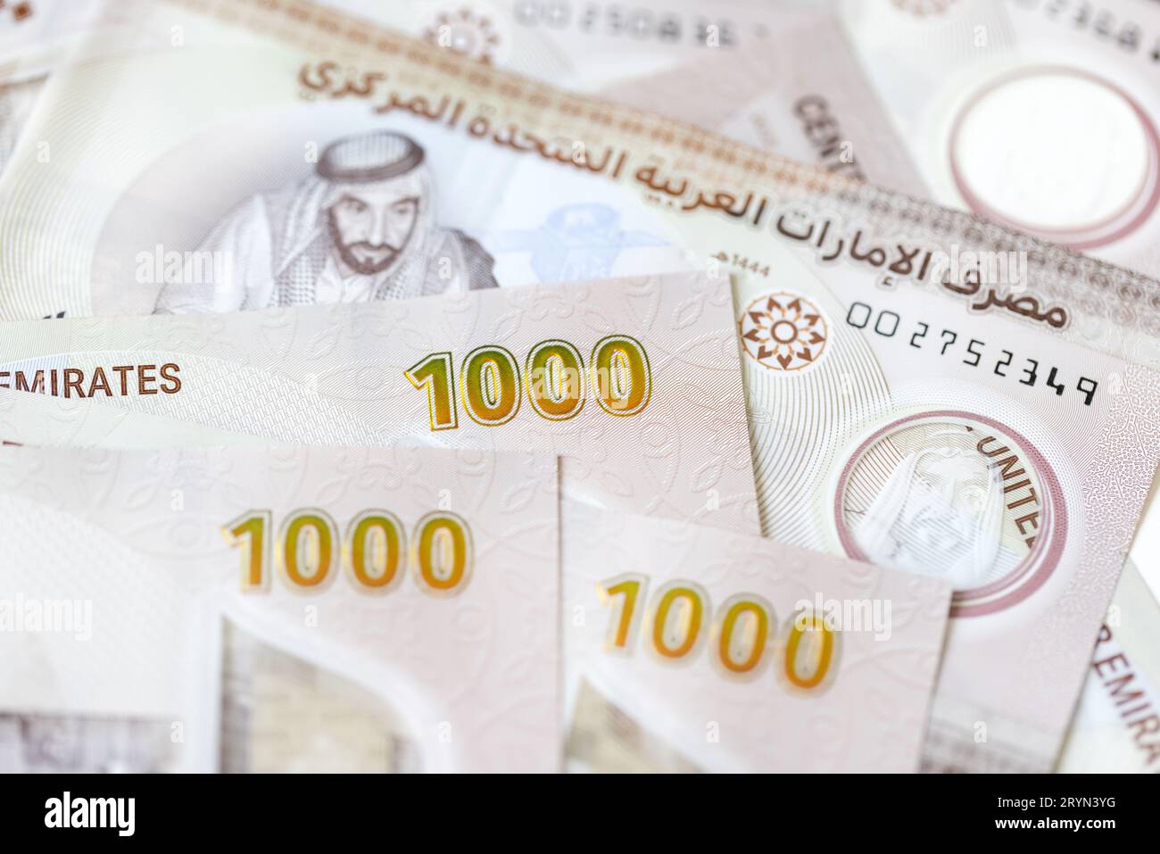 Dirham degli Emirati Arabi Uniti, nuove banconote di carta da mille, primo piano Foto Stock