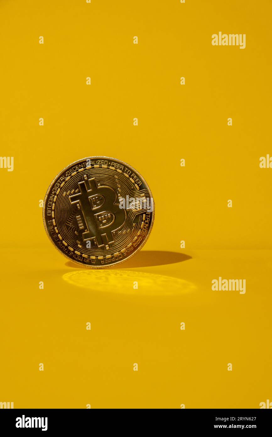 Levitazione della moneta d'oro Bitcoin con riflesso ombra. Bitcoin Flying mining trading. BTC soldi d'oro. Virtuale in tutto il mondo Foto Stock