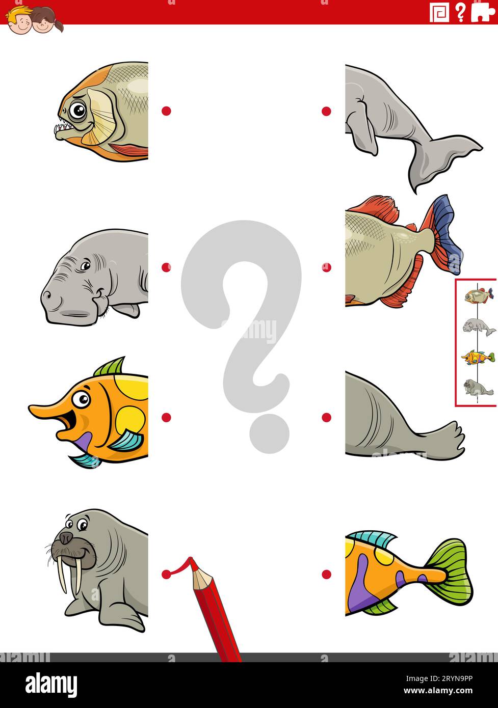 Cartoon illustrazione del gioco educativo di abbinare metà di immagini con personaggi di animali marini Foto Stock