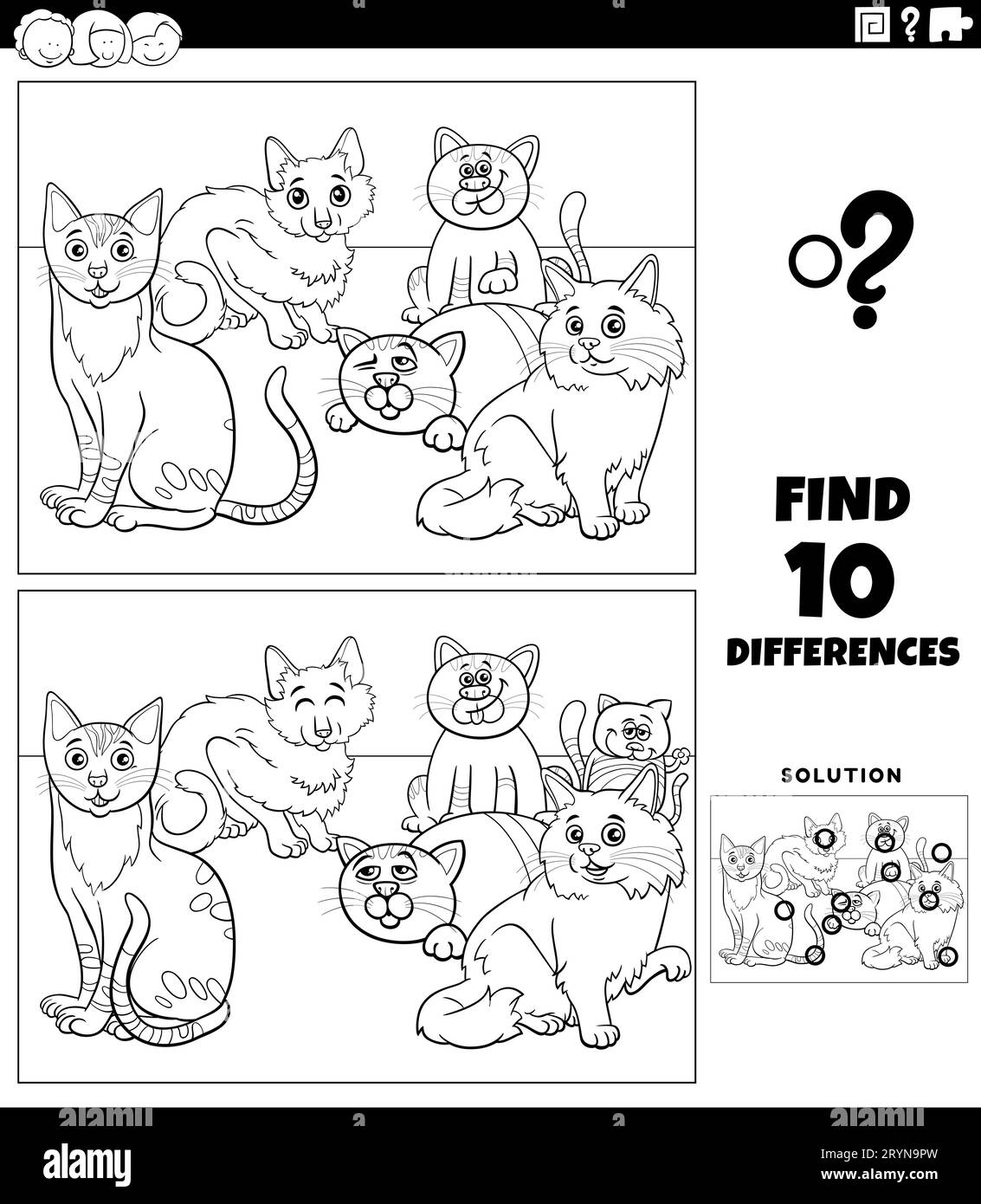 Cartoni animati in bianco e nero illustrazione di trovare le differenze tra le immagini attività educative con gatti caratteri animali gruppo pagina da colorare Foto Stock
