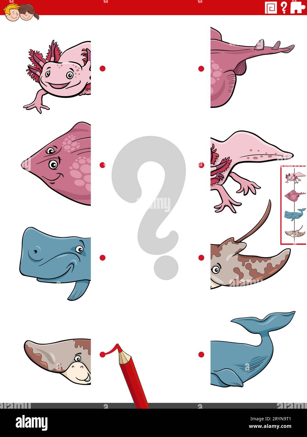Cartoon illustrazione di attività educativa di abbinare metà di immagini con personaggi divertenti animali marini Foto Stock