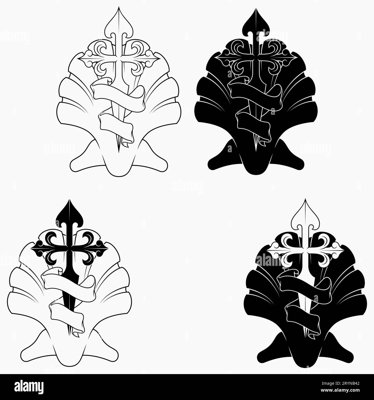 Disegno vettoriale della simbologia cristiana dell'apostolo santiago, croce dell'apostolo Santiago con impiallacciatura e nastro Illustrazione Vettoriale