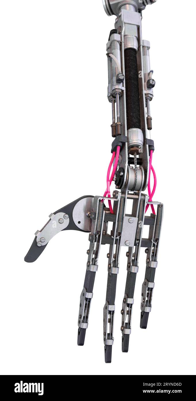 Braccio e mano del robot isolati su sfondo bianco. Tecnologia robotica Foto Stock