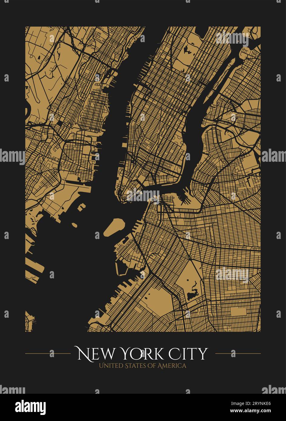 Poster decorativo della mappa di New York City o modello di carta o tela con silhouette dorata della mappa di New York su sfondo nero. Illustrazione di Vector eps 10 Illustrazione Vettoriale