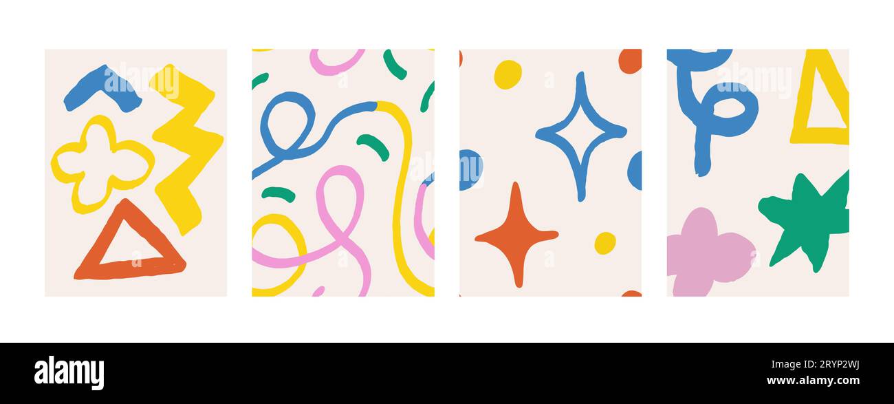 Set di forme astratte con scanalature ingenue. Brutali motivi ondulati ovali a stella di una figura contemporanea. Design svizzero. Poster geometrici in bruta retrò alla moda Illustrazione Vettoriale
