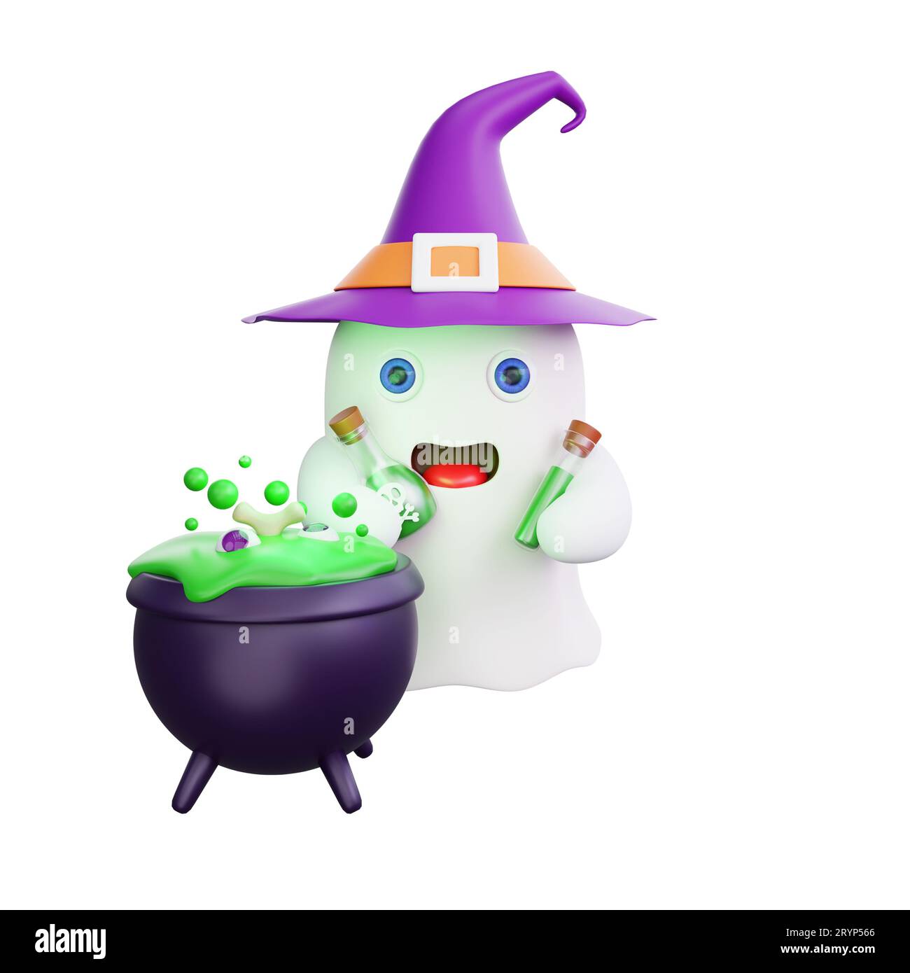 Fantasma dei cartoni animati 3D con un cappello da strega viola, che mescola un calderone gorgogliante e regge una bottiglia di pozione. Perfetto per la stagione di Halloween Foto Stock