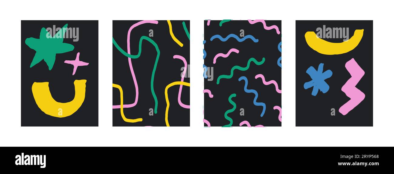 Set di forme astratte con scanalature ingenue. Brutali motivi ondulati ovali a stella di una figura contemporanea. Design svizzero. Poster neri geometrici in stile retrò alla moda Illustrazione Vettoriale