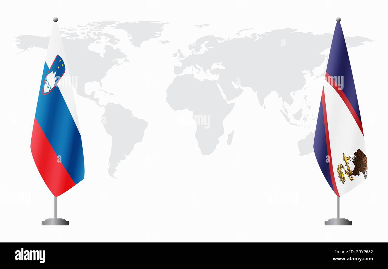 Slovenia e Samoa americane bandiere per un incontro ufficiale sullo sfondo della mappa mondiale. Illustrazione Vettoriale