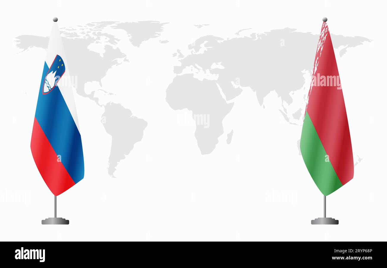 Bandiere slovene e bielorusse per riunioni ufficiali sullo sfondo della mappa mondiale. Illustrazione Vettoriale