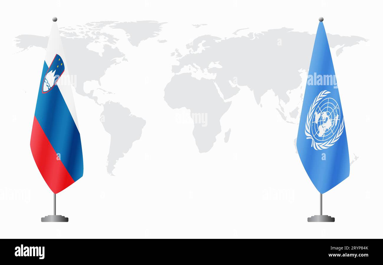 Bandiere della Slovenia e delle Nazioni Unite per un incontro ufficiale sullo sfondo della mappa mondiale. Illustrazione Vettoriale