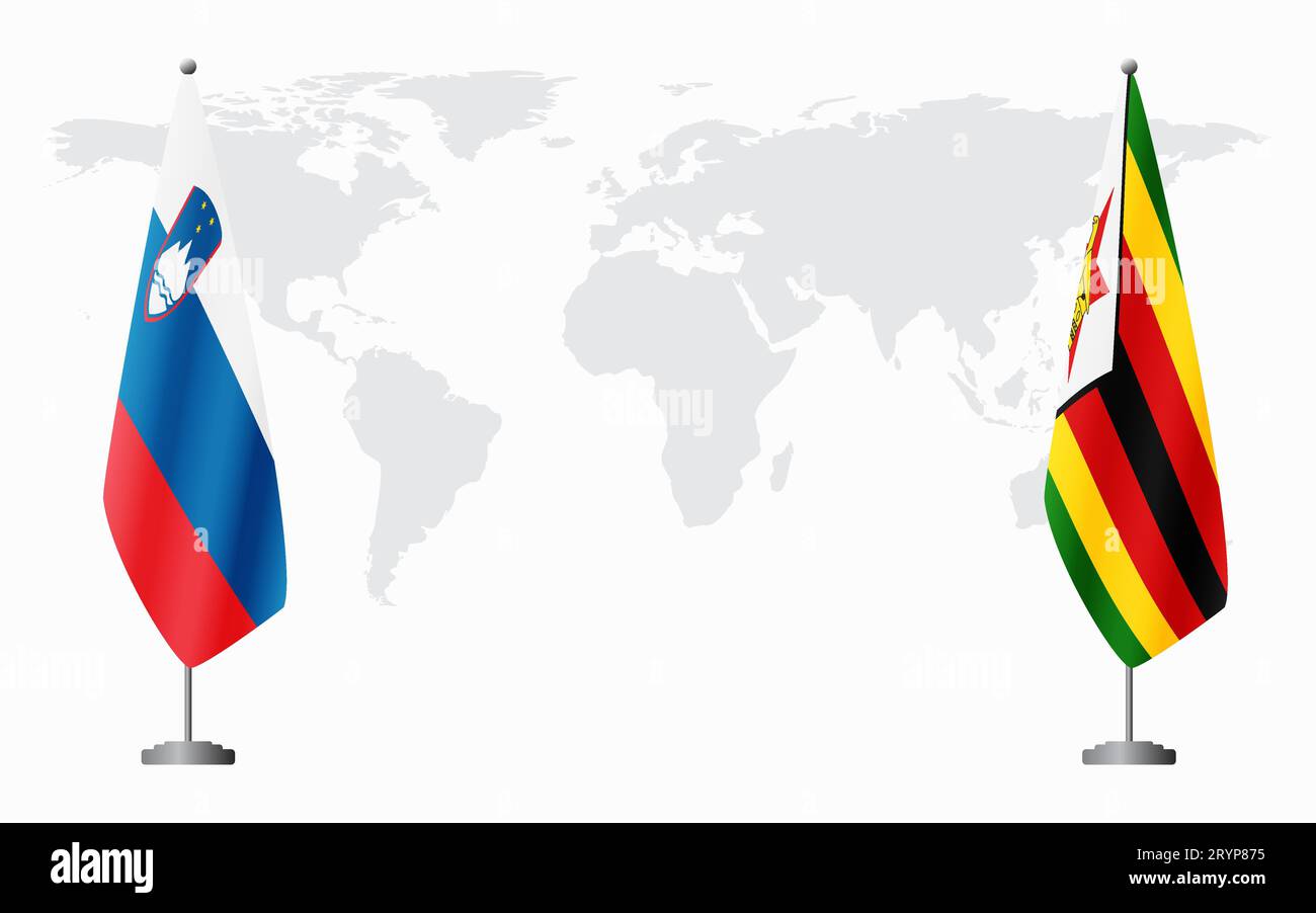 Bandiere di Slovenia e Zimbabwe per riunioni ufficiali sullo sfondo della mappa mondiale. Illustrazione Vettoriale