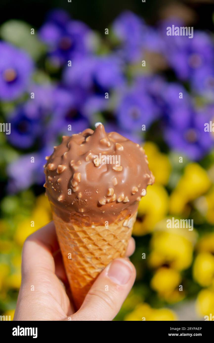 Mano femminile che regge un delizioso gelato americano al cioccolato alla vaniglia. Gustoso gelato fatto in casa nel cono dei waffle. Glutine fr Foto Stock