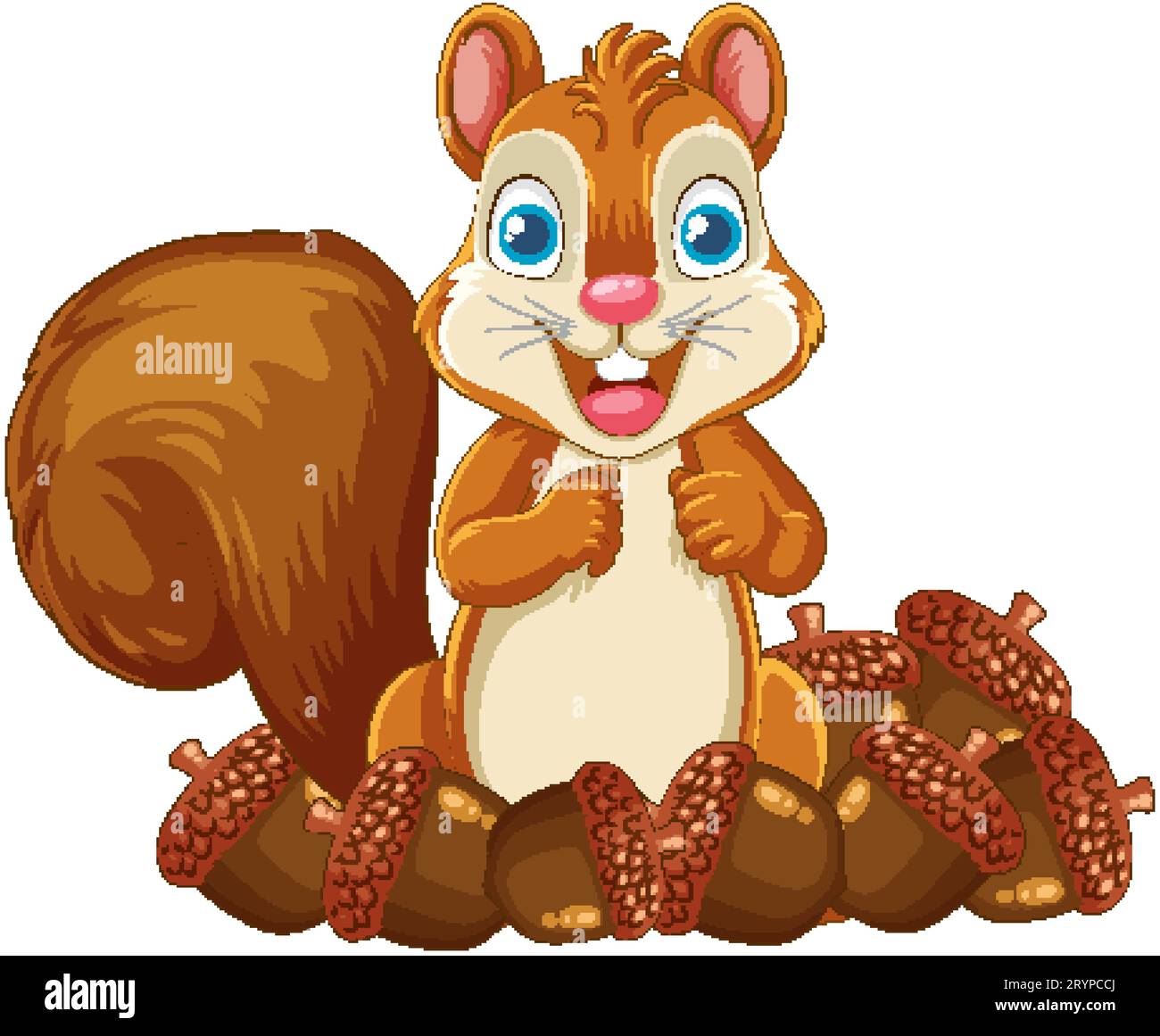 Un allegro scoiattolo di cartoni animati circondato da ghiande, isolato su uno sfondo bianco Illustrazione Vettoriale