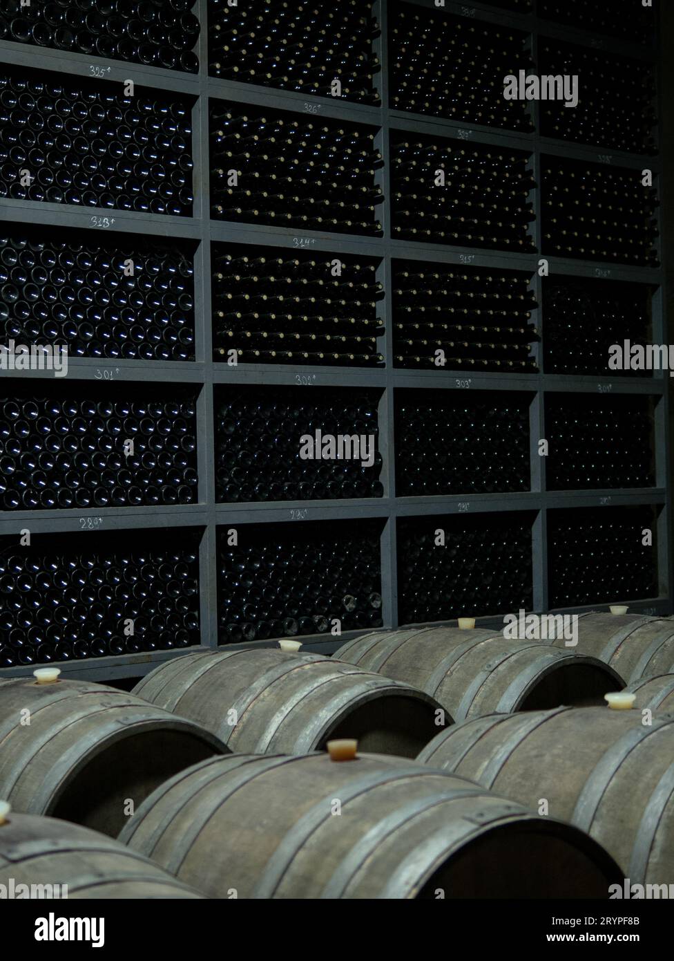 Botti di bottiglia della fabbrica di vino della Georgia Kindzmarauli Foto Stock